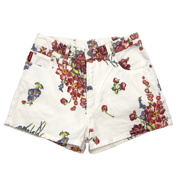 Vintage 80s 90s BONGO White & Floral Print Denim High Rise Mom Shorts Jr 1 25x2" - Picture 2 of 14